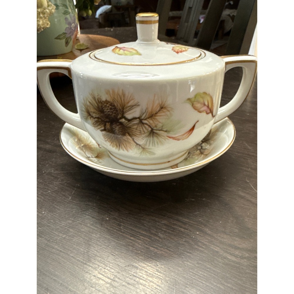 Vintage Porcelain Pinecone Sugar Bowl with Lid and Saucer Gold Trim Woodland Set